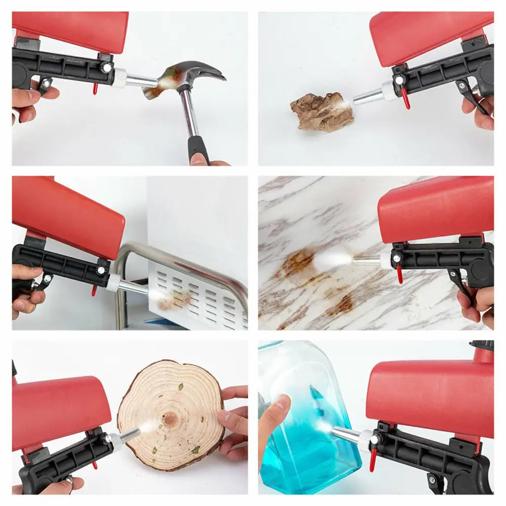 Red and black handheld air portable sandblasting gun with metallic nozzle for precise brake disc paint removal