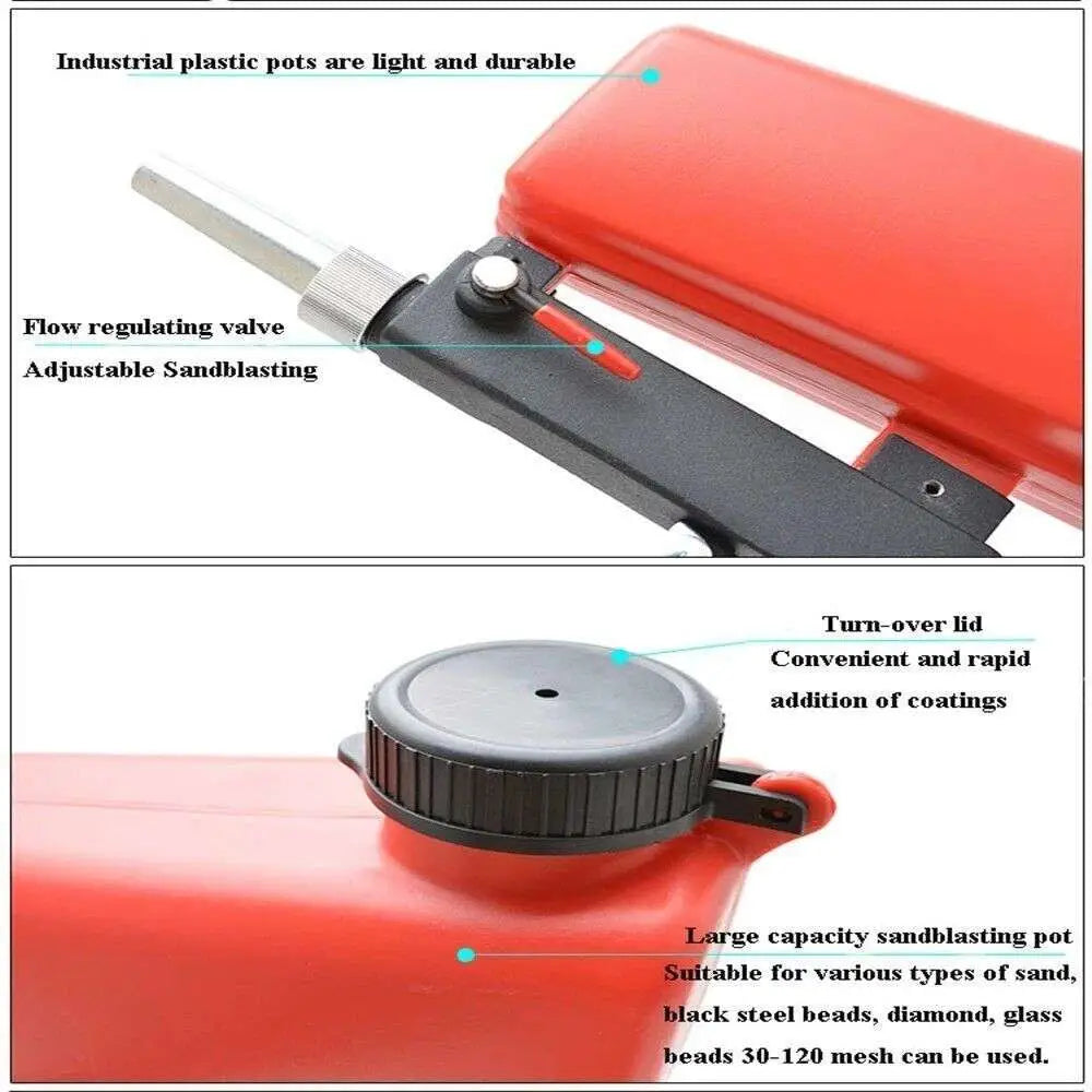 Red industrial plastic air portable sandblasting gun with black flow regulator and turn-over lid for brake disc paint