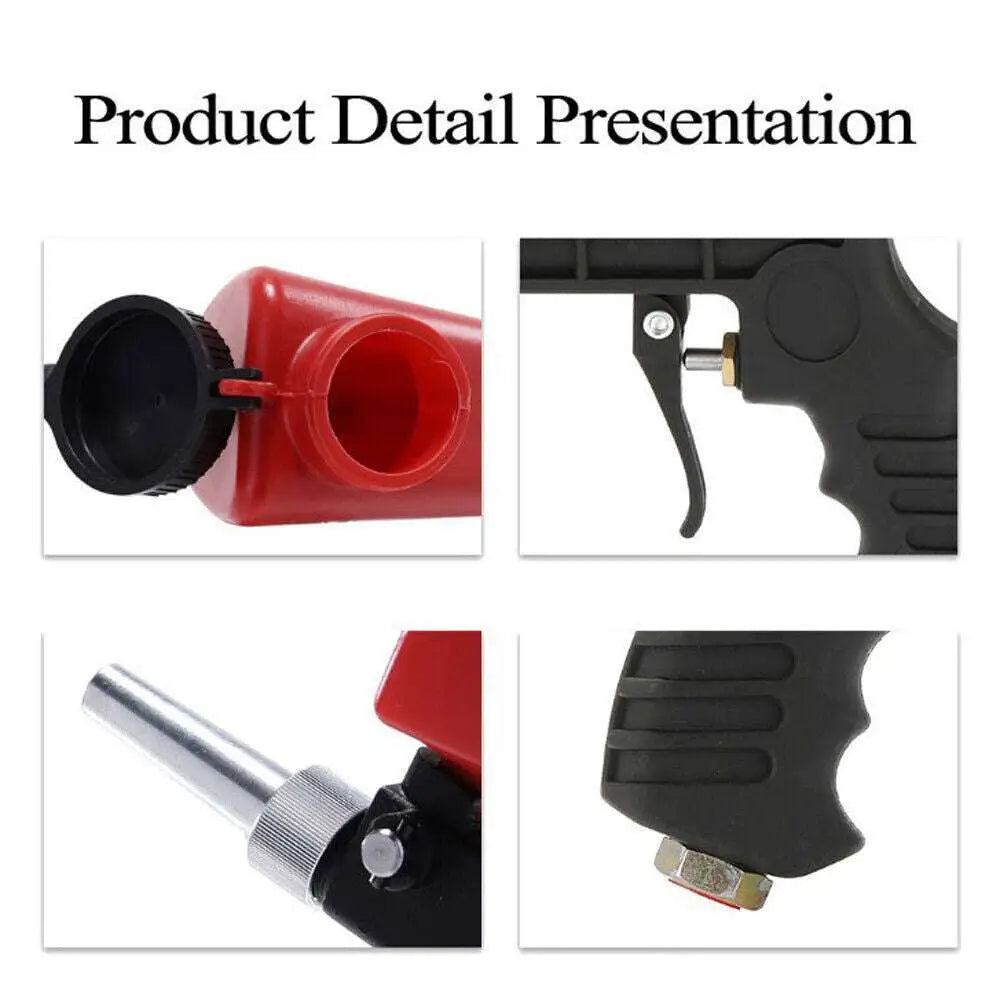 Red and black air portable sandblasting gun with textured grip metal nozzle and cap for brake disc paint reservoir