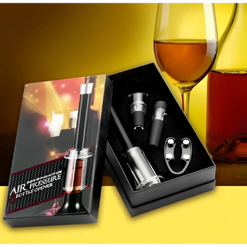 Black and silver air pump wine opener 4-piece gift set in a sleek box perfect for a wine opener gift