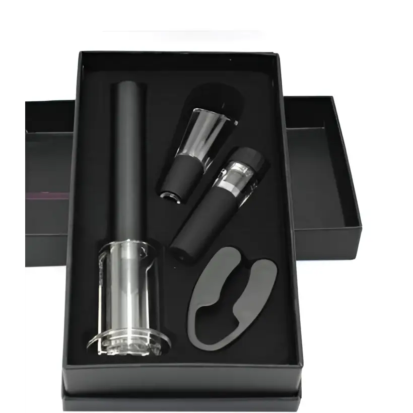 Black and silver air pump wine opener gift set with sleek modern design in a 4-piece opener gift box