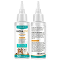 Transparent plastic bottle with white pointed nozzle and teal label elaimei ultra-otic alcohol free pet ear cleaner 50ml