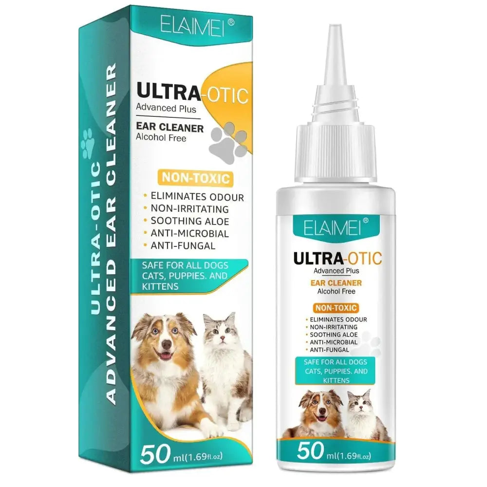 Elaimei ultra-otic advanced plus alcohol free pet ear cleaner 50ml in clear bottle with teal label safe for dogs and cats
