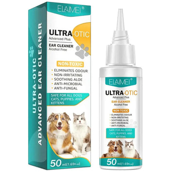 Elaimei ultra-otic advanced plus alcohol free pet ear cleaner 50ml in clear bottle with teal label safe for dogs and cats