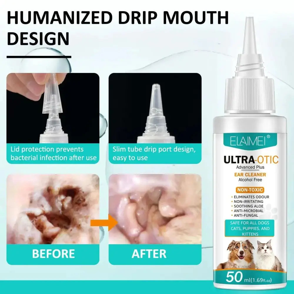A white plastic alcohol free pet ear cleaner 50ml with clear dropper tip for safe use on dogs and cats