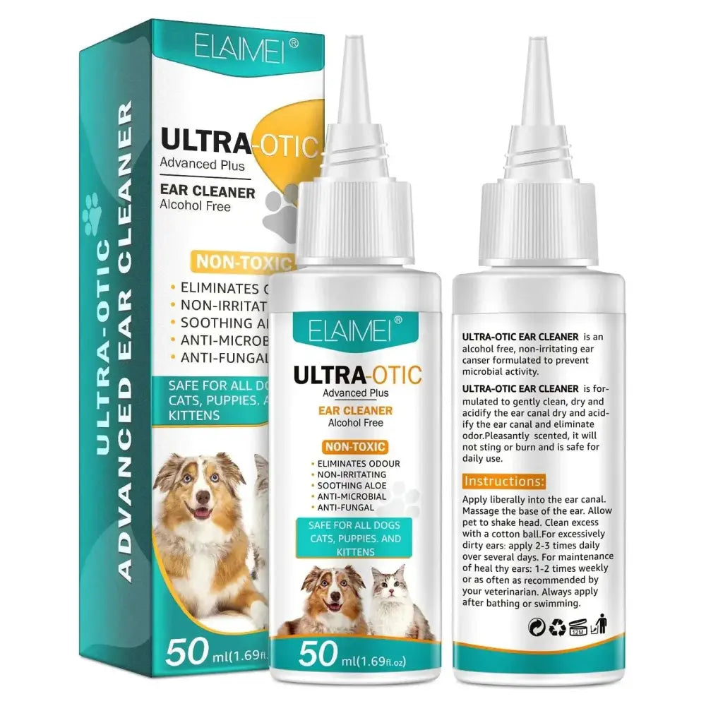 White plastic bottle with white nozzle and teal label elaimei ultra-otic advanced plus alcohol free pet ear cleaner 50ml