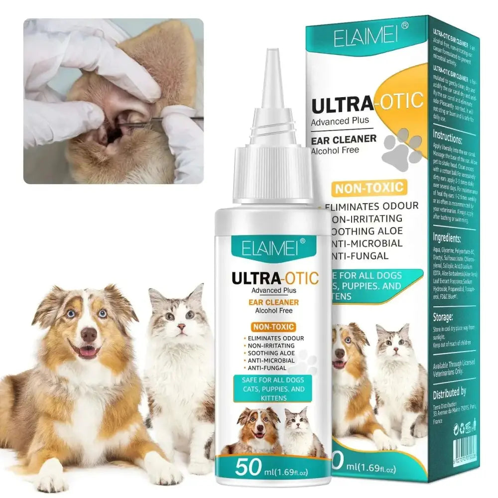 Elaimi ultra-otic advanced plus alcohol free pet ear cleaner 50ml white bottle with teal and orange label for dogs and cats