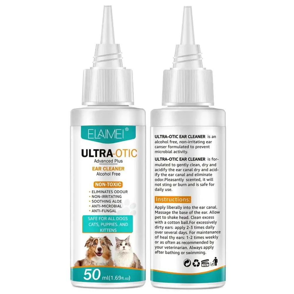 Transparent plastic bottle with white nozzle and teal elaimei label alcohol free pet ear cleaner 50ml for dogs and cats