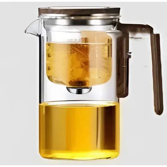 Clear all-glass heat-resistant teapot with wooden handle and built-in glass filter for steeping tea leaves