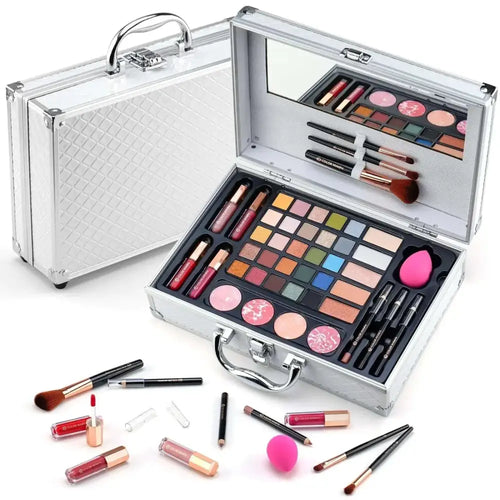Silver aluminum makeup gift set with mirrored lid and organized compartments for eyeshadows lipsticks brushes and sponges