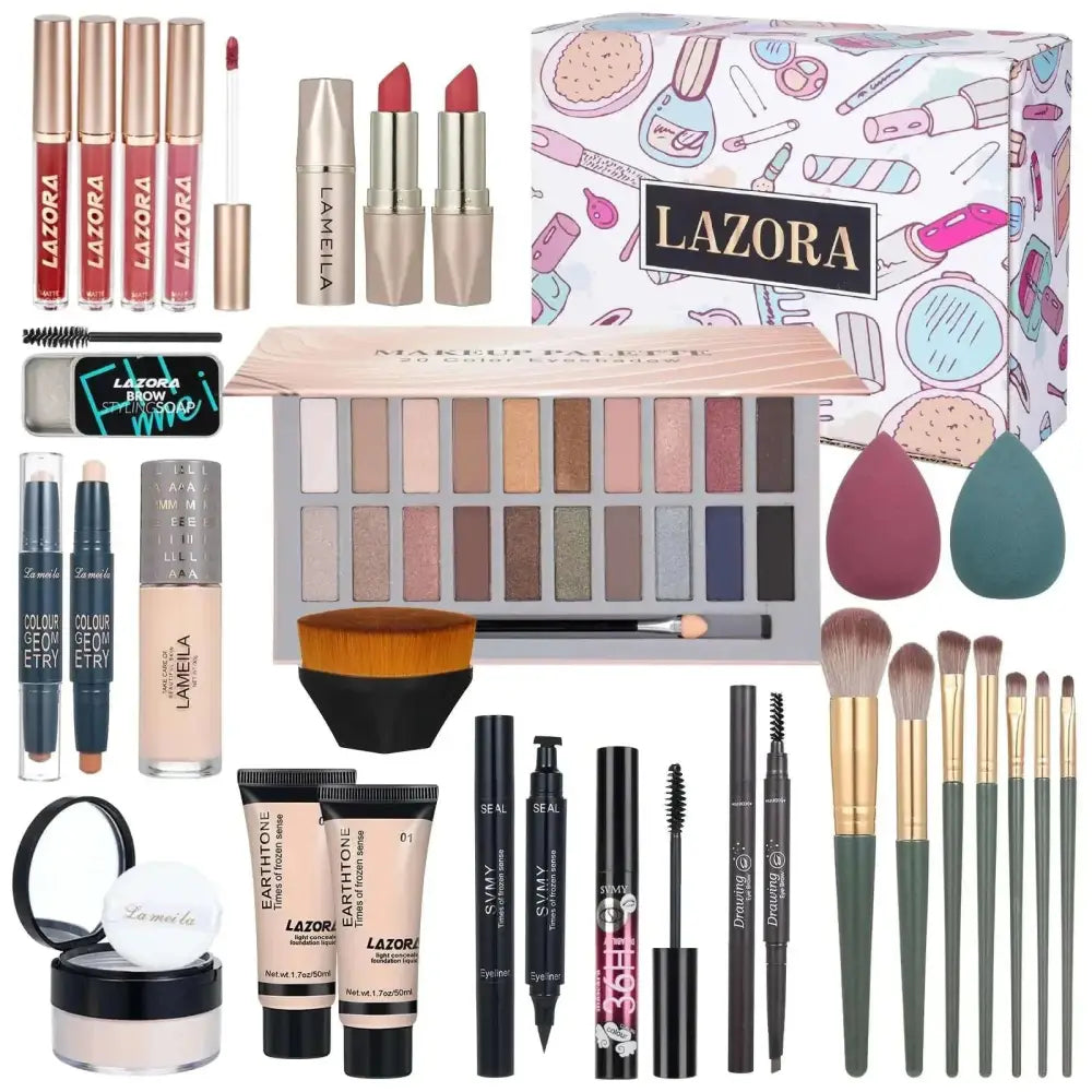 Lazora all in one makeup kit gift box with palette, brushes, lipsticks, and essential makeup sets in assorted colors