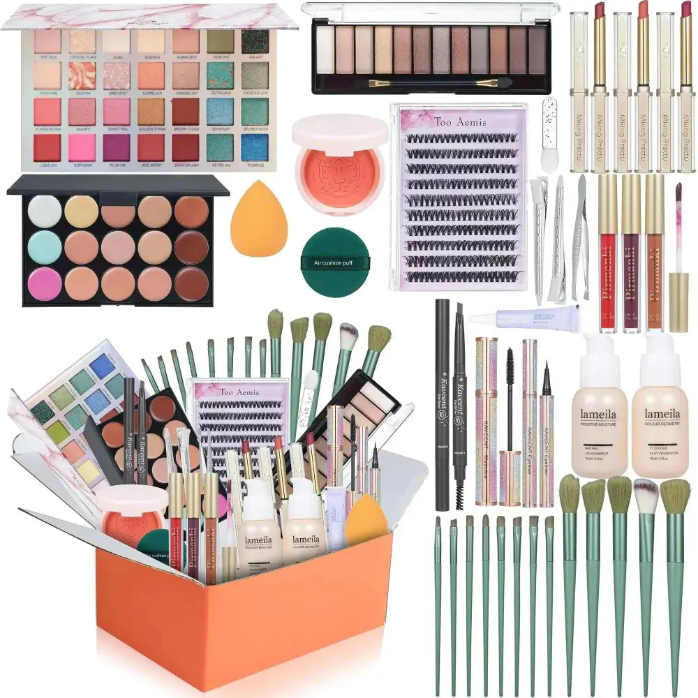 Orange makeup kit box filled with assorted cosmetics including eyeshadow palette and 1*makeup sponge for versatile use