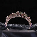 Delicate rose gold alloy crystal flowers wedding bridal tiara with pink and purple gemstones and green leaf accents