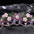 Delicate wedding bridal tiara with alloy crystal flowers pink pearls green leaf accents and rose gold band centerpiece