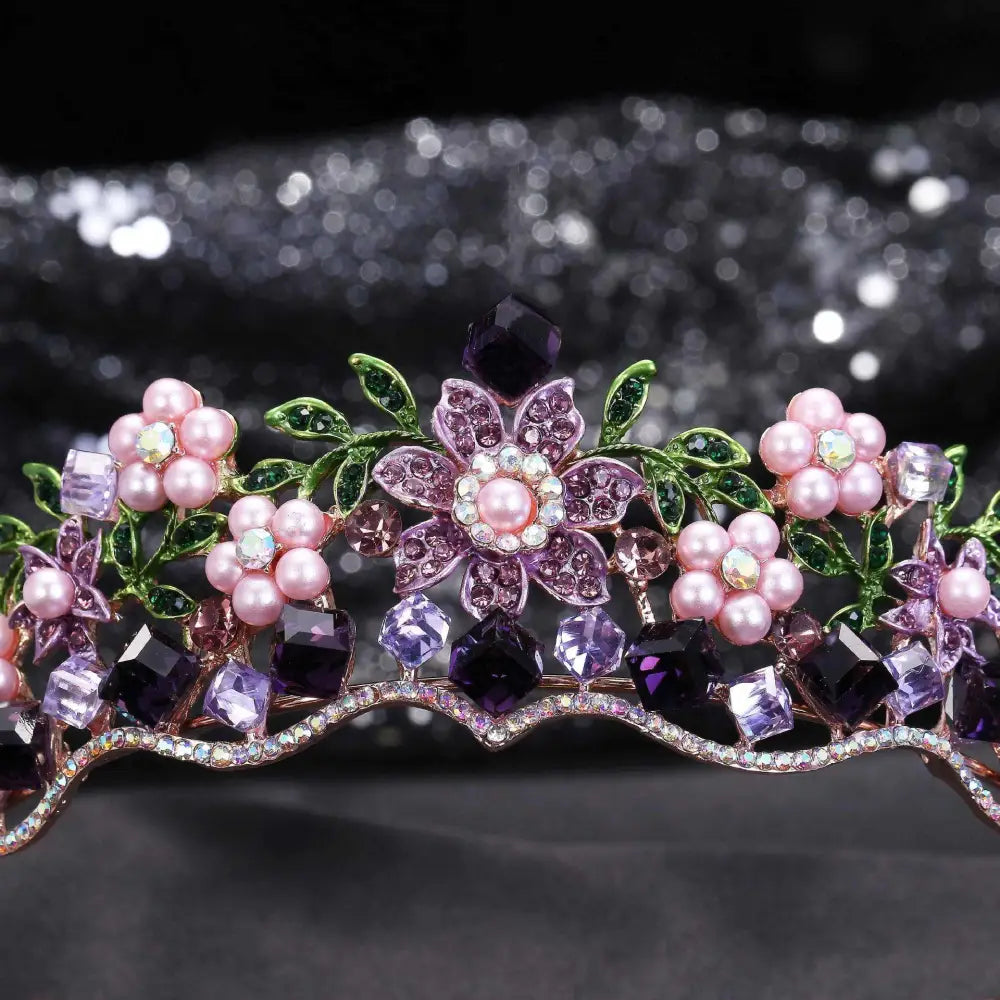Delicate wedding bridal tiara with alloy crystal flowers pink pearls green leaf accents and rose gold band centerpiece