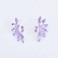 Purple crystal flower-shaped stud earrings with silver alloy base complement wedding bridal tiara with alloy crystal flowers and green leaf accents