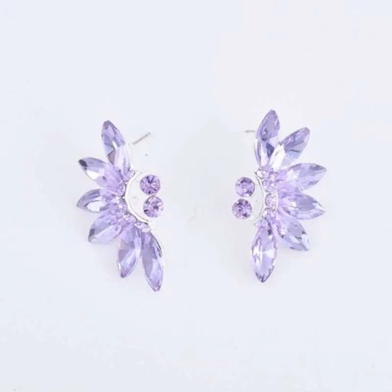 Purple crystal flower-shaped stud earrings with silver alloy base complement wedding bridal tiara with alloy crystal flowers and green leaf accents