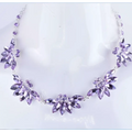 Delicate lavender alloy crystal flowers wedding bridal tiara with green leaf accents and a silver-toned chain necklace