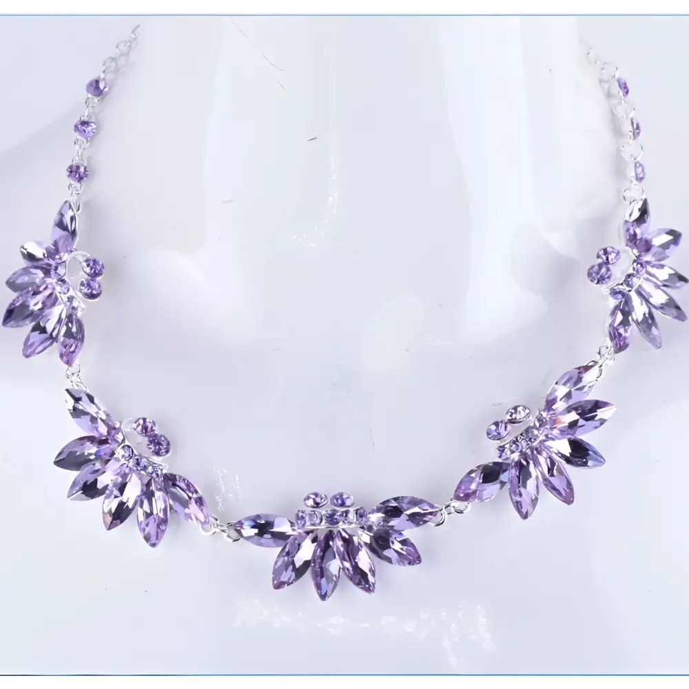 Delicate lavender alloy crystal flowers wedding bridal tiara with green leaf accents and a silver-toned chain necklace