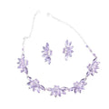 Elegant lavender alloy crystal flowers wedding bridal tiara with matching earrings and silver-toned chains with green leaf accents