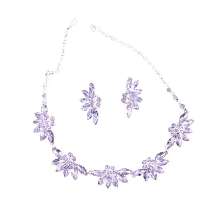 Elegant lavender alloy crystal flowers wedding bridal tiara with matching earrings and silver-toned chains with green leaf accents