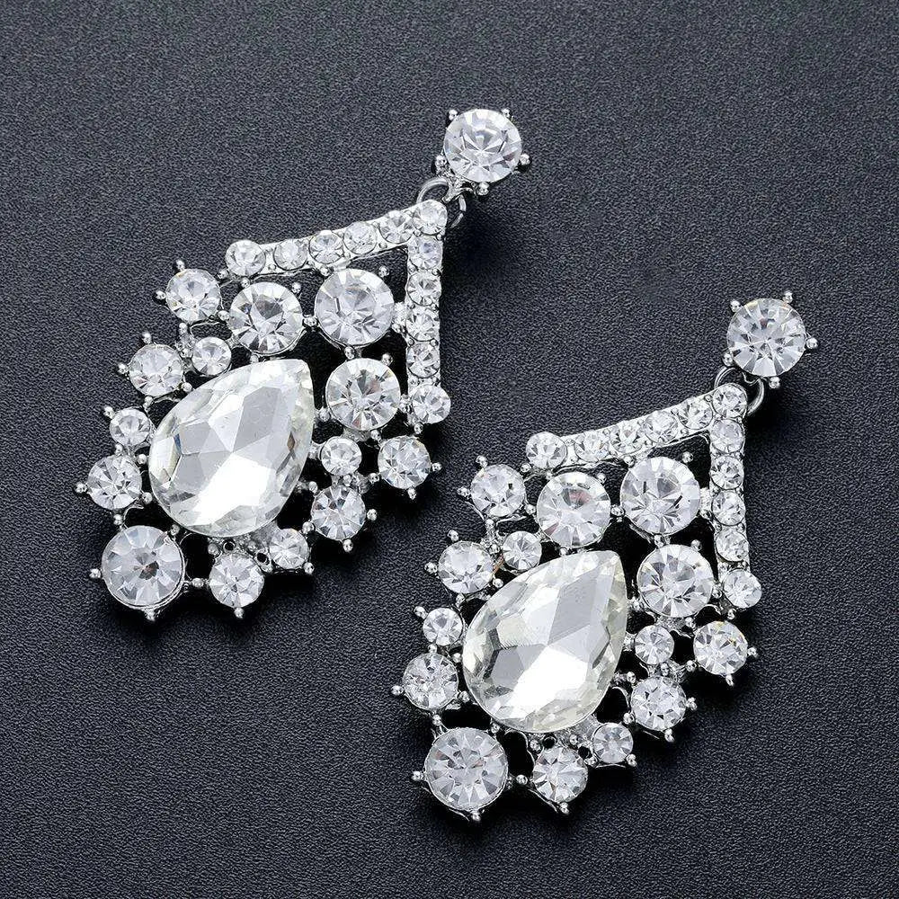 Sparkling silver alloy diamond accessories teardrop pendant earrings with floral crystal jewelry set design