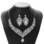 Silver-toned alloy diamond accessories floral crystal jewelry set with v-shaped design and teardrop pendant necklace