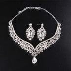 Silver alloy diamond accessories floral crystal jewelry set with choker necklace and teardrop pendant drop earrings