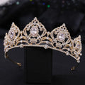 A gold-toned alloy electroplate crown with intricate leaf filigree and three central oval crystals crowns korean style