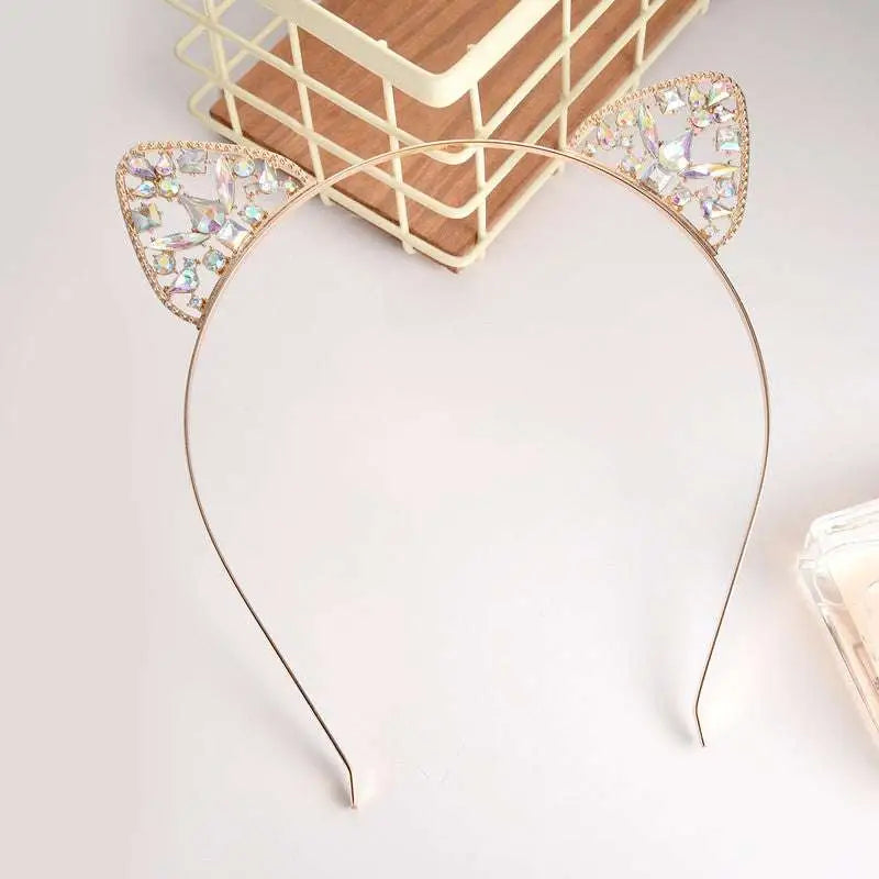 Delicate gold-toned alloy spot drill headband with sparkling rabbit ears rhinestone in triangular cat ear shapes