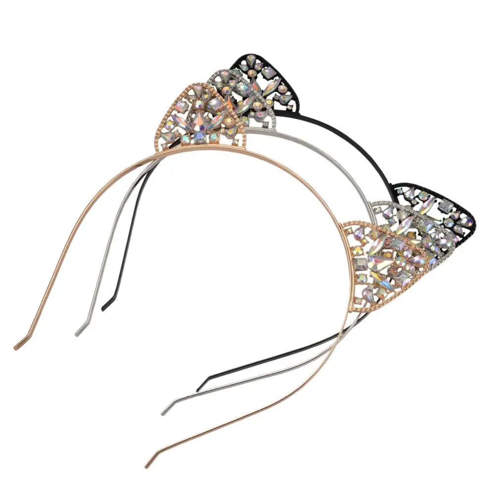 Three alloy spot drill rabbit ears rhinestone headbands with sleek metallic frames in rose gold silver and black