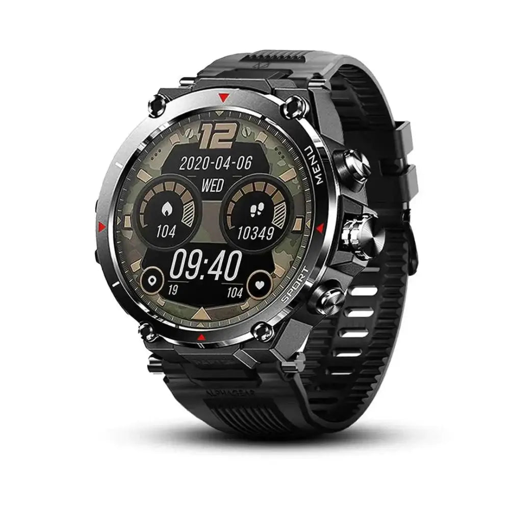 Black alphagear raptor smartwatch with metallic bezel and camouflage digital display for android iphone wellness use