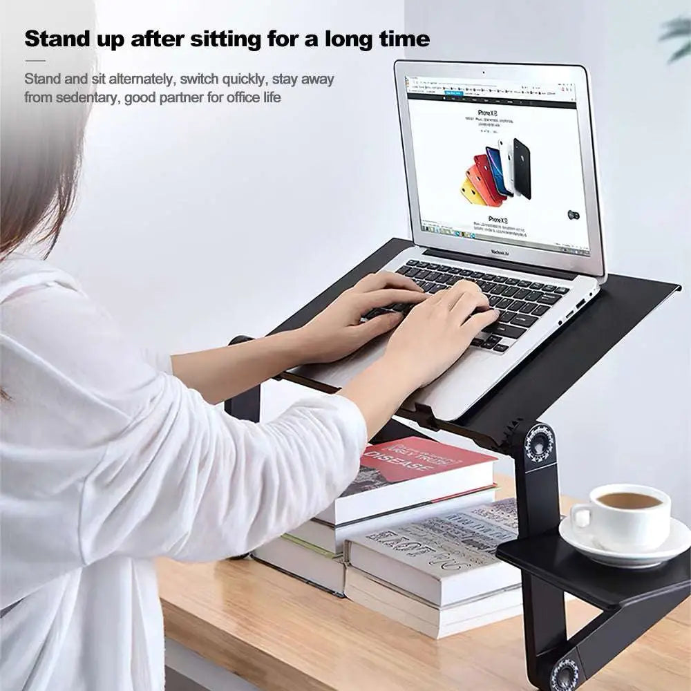 Black aluminum alloy desk retractable adjustable standing laptop stand with coffee cup for ergonomic workspace setup