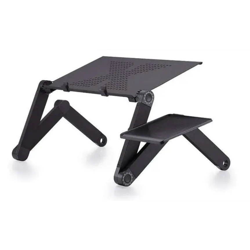Black aluminum alloy laptop stand with perforated surface and desk retractable adjustable folding legs for convenience