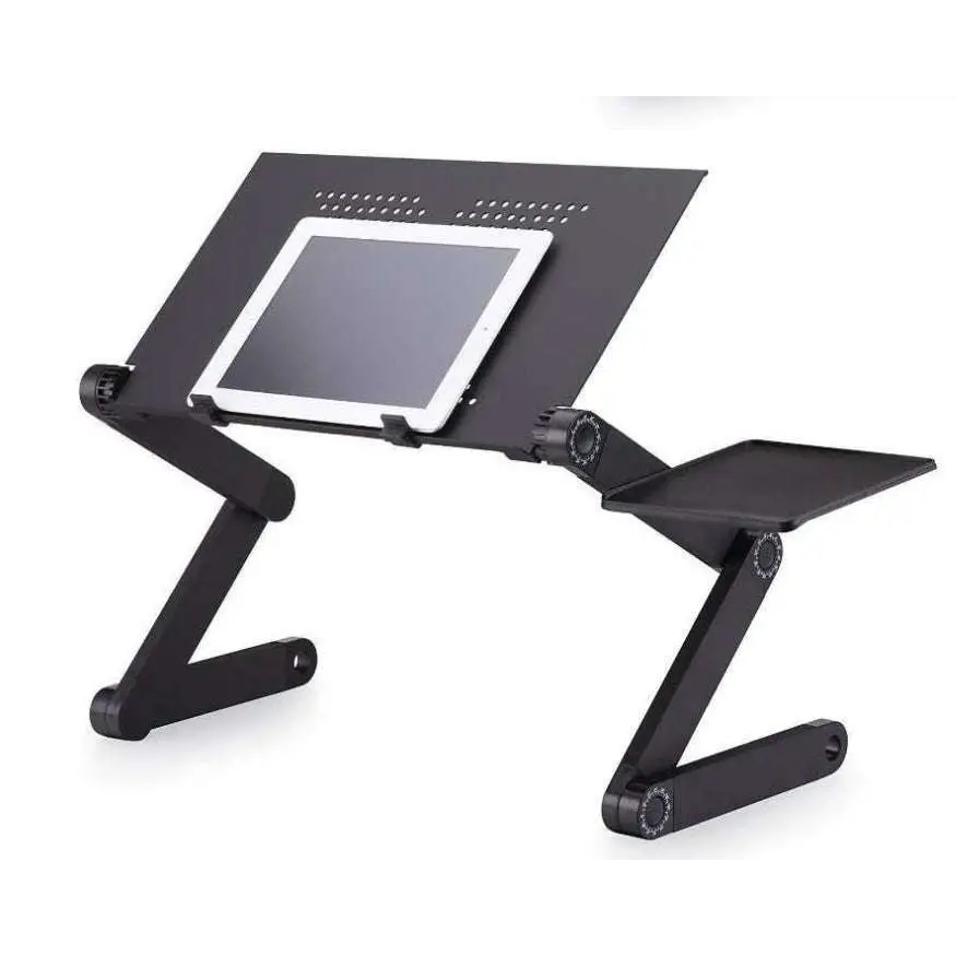 Black aluminum alloy desk retractable adjustable laptop stand with tablet holder and side tray for versatile use