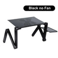 Black aluminum alloy laptop stand with perforated surface and attached side tray desk retractable adjustable design