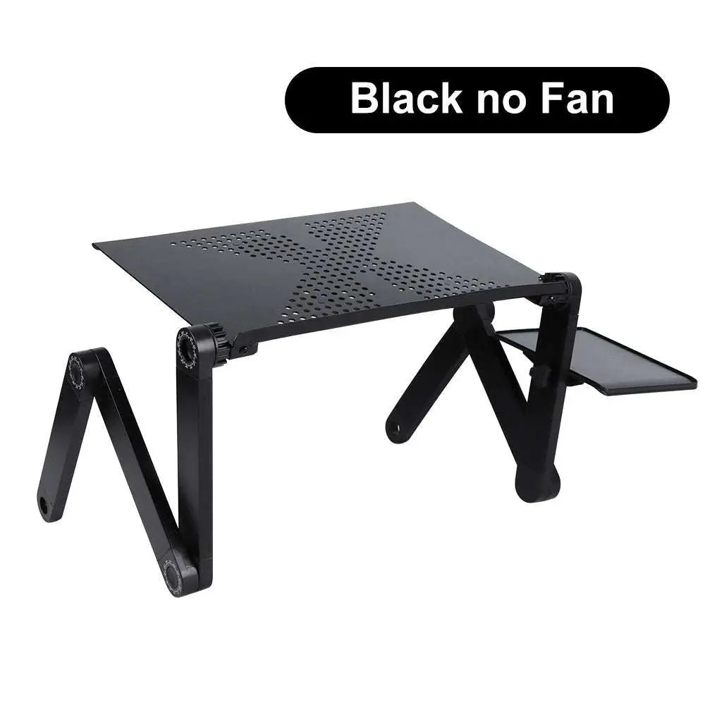 Black aluminum alloy laptop stand with perforated surface and attached side tray desk retractable adjustable design
