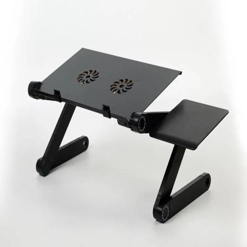 Black aluminum alloy laptop stand with built-in cooling fans side tray desk retractable adjustable for ergonomic use