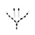 Elegant black and silver amazon burst red suit crystal jewelry set with v-neck marquise necklace and cascading earrings