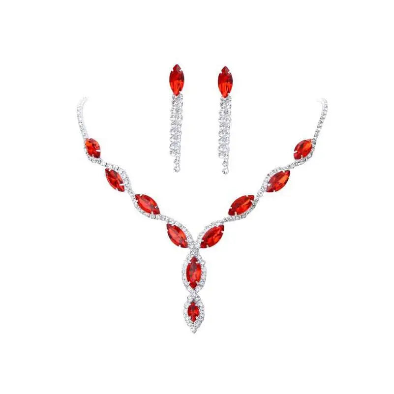 Elegant amazon burst red suit crystal jewelry set featuring a red and silver marquise-cut crystal necklace for weddings