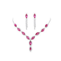 A sparkling pink and silver gemstone necklace set with marquise-cut crystals from the amazon burst red suit crystal jewelry collection