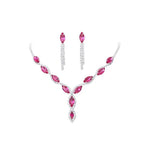 A sparkling pink and silver gemstone necklace set with marquise-cut crystals from the amazon burst red suit crystal jewelry collection