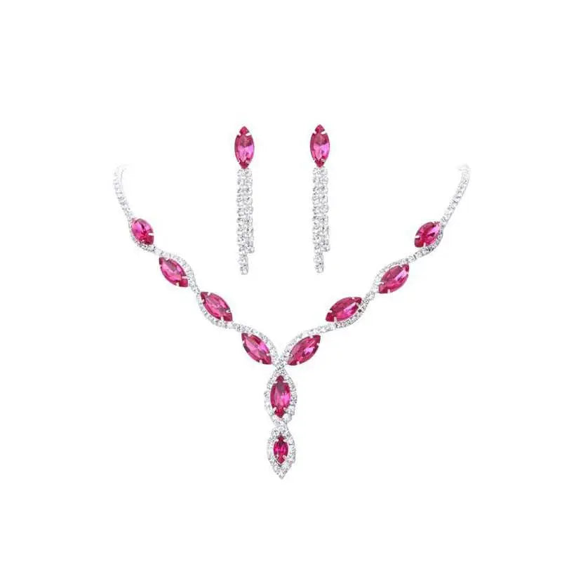 A sparkling pink and silver gemstone necklace set with marquise-cut crystals from the amazon burst red suit crystal jewelry collection