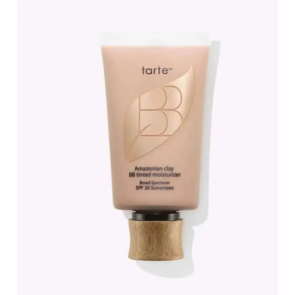 Tarte amazonian clay bb tinted moisturizer medium in a matte peach tube with a natural wood cap for light coverage