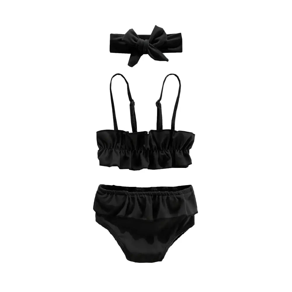 Amberetech baby girls solid color bikini set with black ruffled bikini bathing suit and matching headband