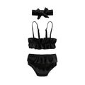Black ruffled solid color bikini bathing suit with matching headband from amberetech baby girls swimwear set