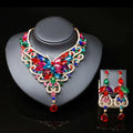 Vibrant multicolored crystal butterfly necklace and earrings with gold-tone metalwork American color exaggerated bride jewelry set