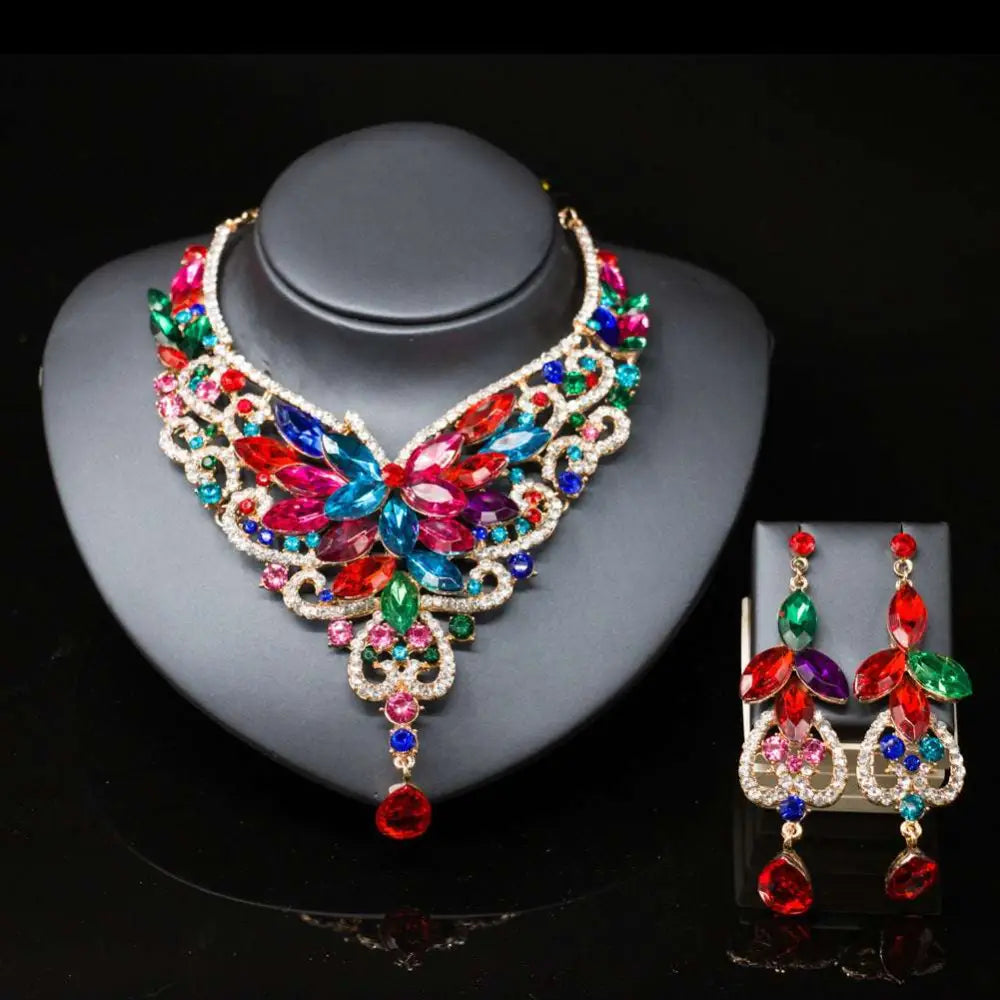 Vibrant multicolored crystal butterfly necklace and earrings with gold-tone metalwork American color exaggerated bride jewelry set