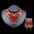 Elegant red and gold crystal butterfly necklace set with matching earrings for color exaggerated bride jewelry