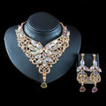 Elegant gold-toned american color exaggerated bride jewelry set with iridescent marquise crystals and cascading leaf design